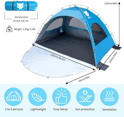 Night Cat Beach Tent Portable Camping Sun Shade Shelter for 2-4 Persons with UV Protection