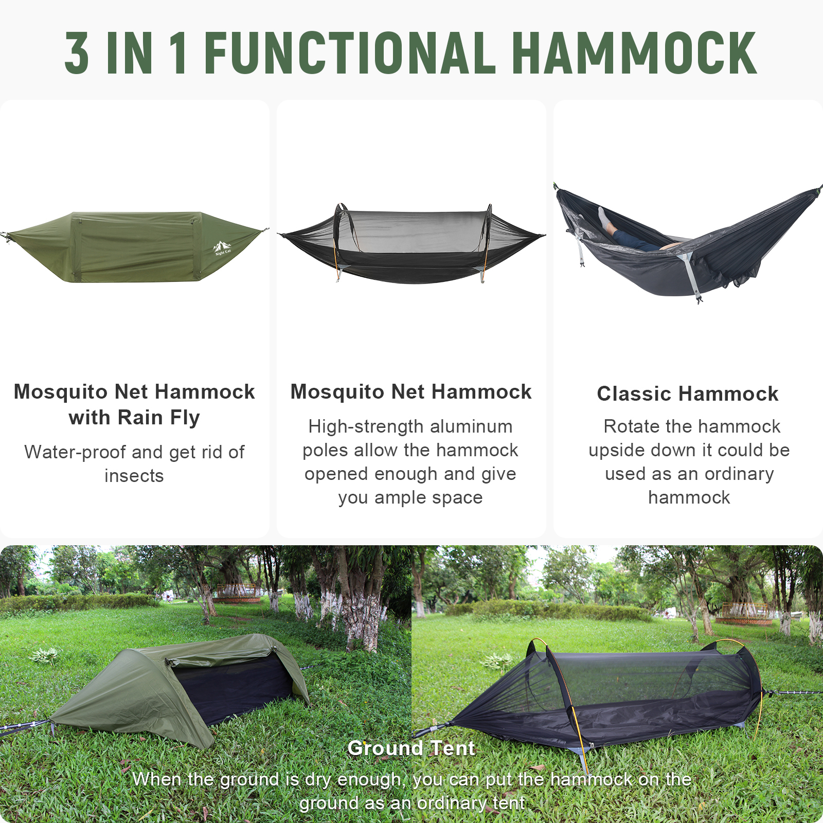 Night Cat Camping Hammock Tent Tree Tent with Mosquito Net and Rain Fly for 1-2 Persons