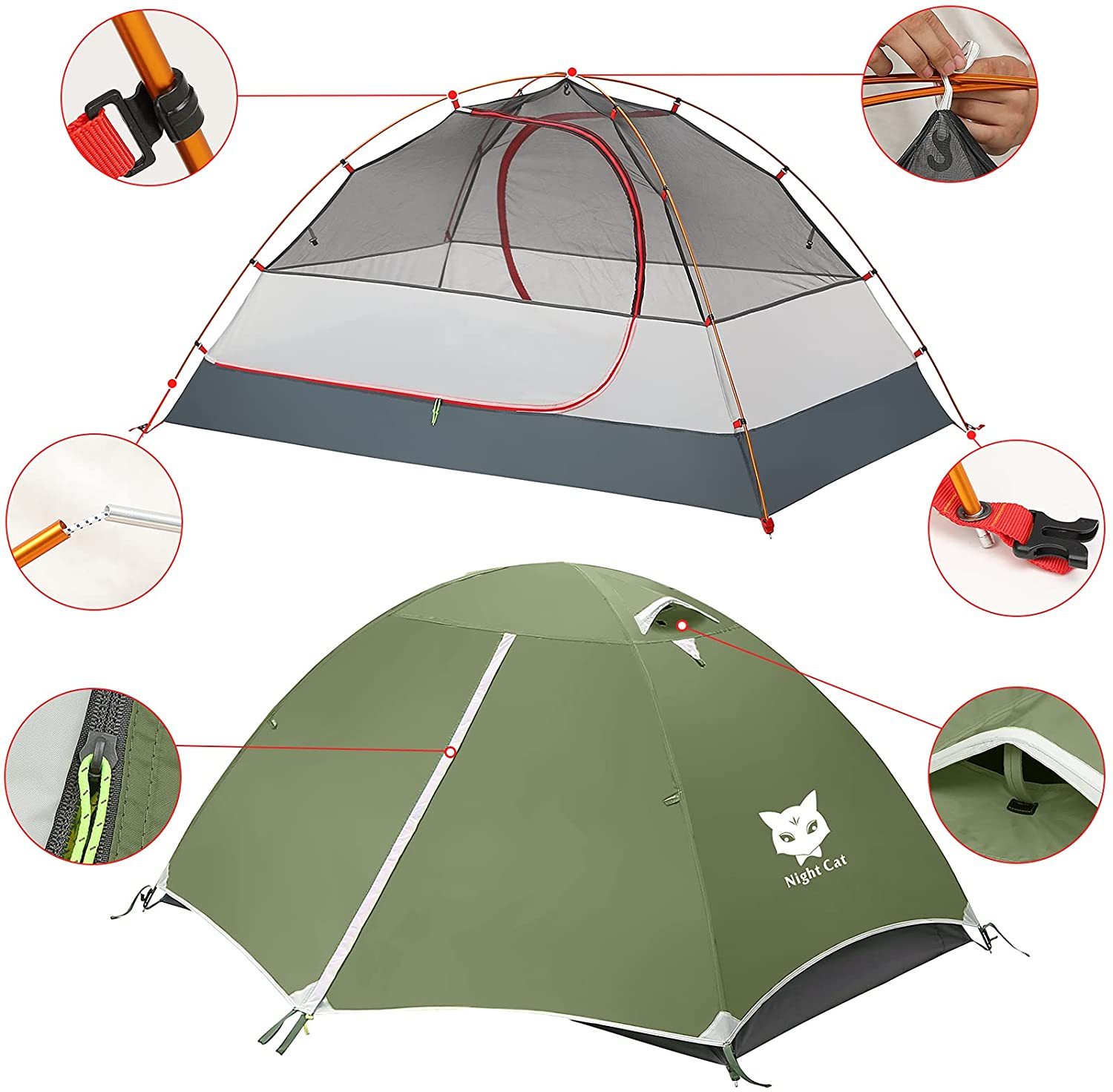 Night Cat Backpacking Tent 2 Persons with Aluminium Pole Camping Tent