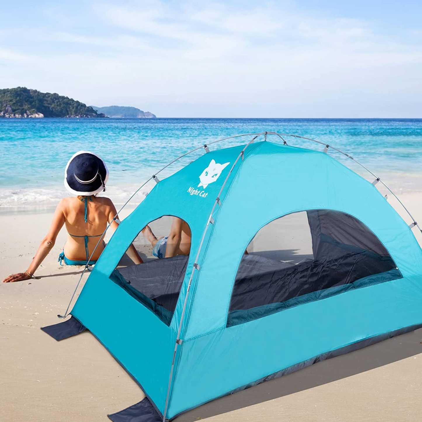 Night Cat Beach Tent Portable Camping Sun Shade Shelter for 2-4 Persons with UV Protection