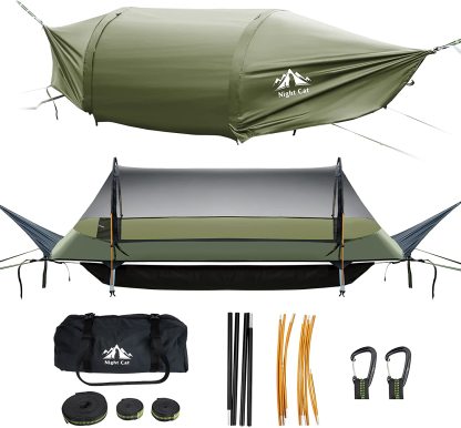 Night Cat Flat Lay Hammock Tent with Mosquito Net Waterproof Rainfly Storage Room for 1 Person Backpacking Hiking Camping Lightweight 440LBS 87x28x19in Army Green