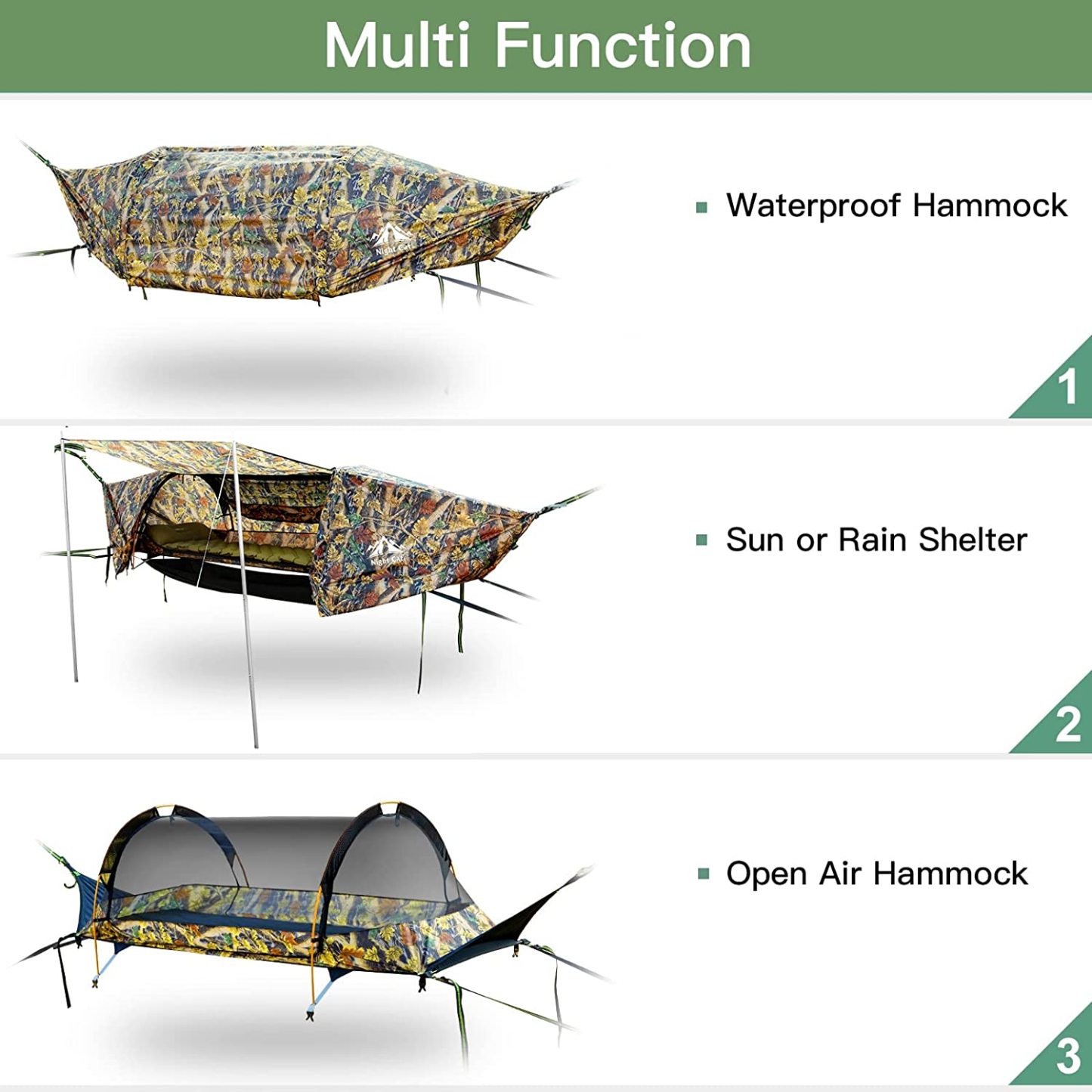 Night Cat Lay Flat Hammock Tent with Mosquito Net Waterproof Rainfly Storage Room for 1 Person