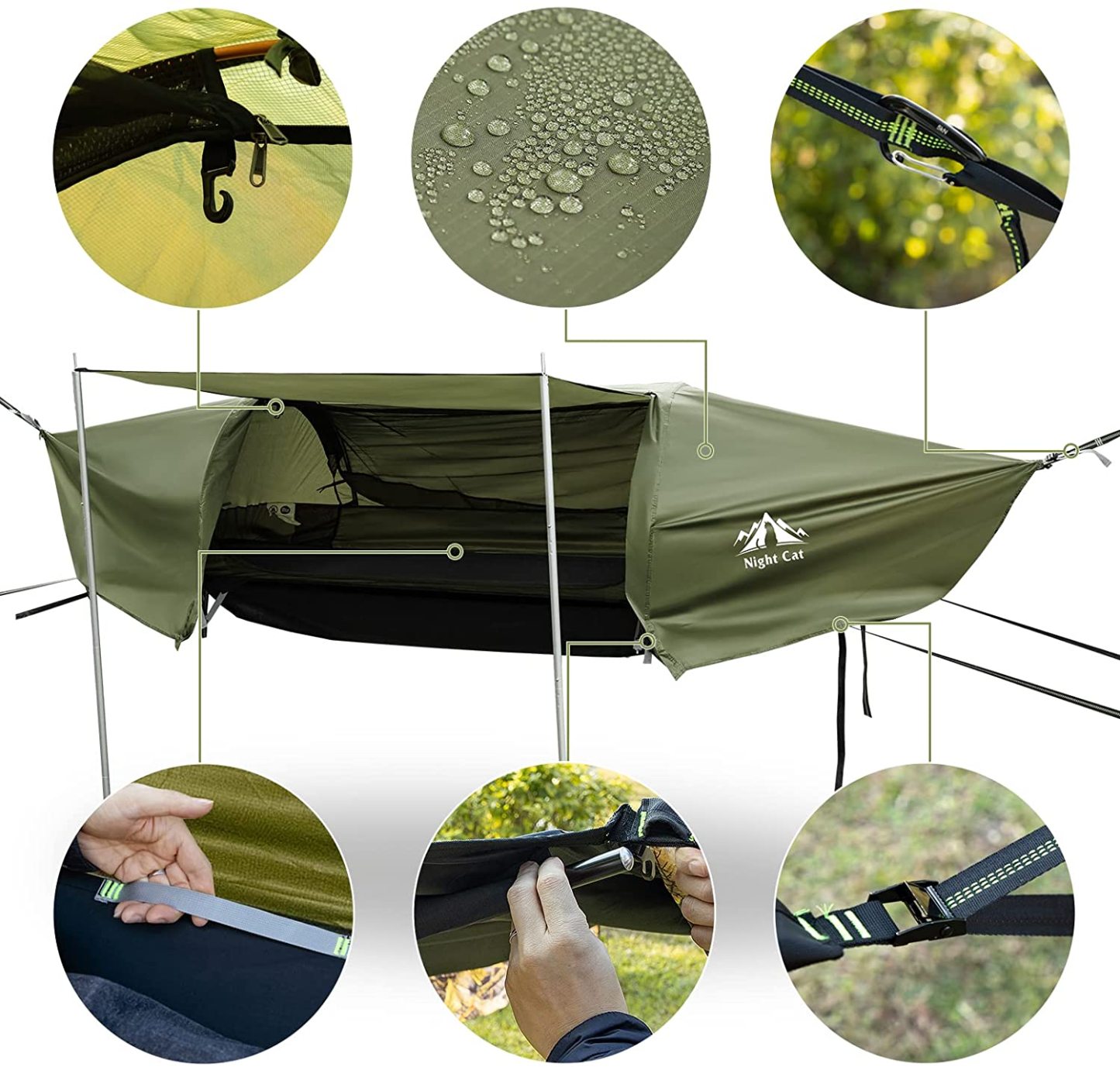 Night Cat Lay Flat Hammock Tent with Mosquito Net Waterproof Rainfly Storage Room for 1 Person
