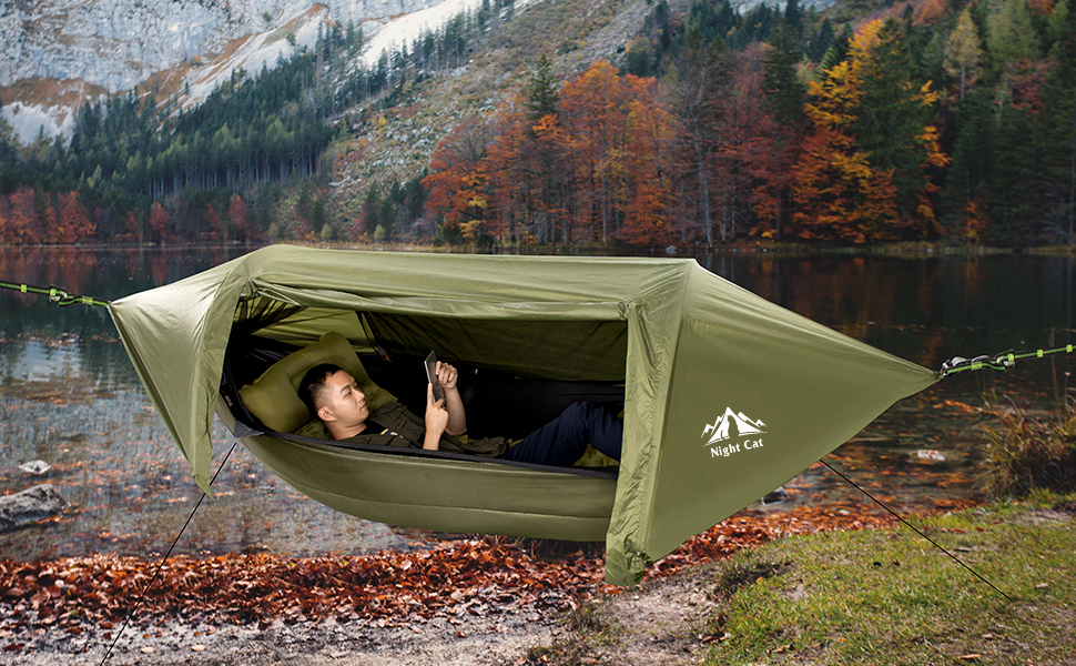 Night Cat 3 in 1 Hammock Tent with Storage Pocket for Sleeping Pad(Exclude) with Bug Net and Rainfly 1 2 Persons