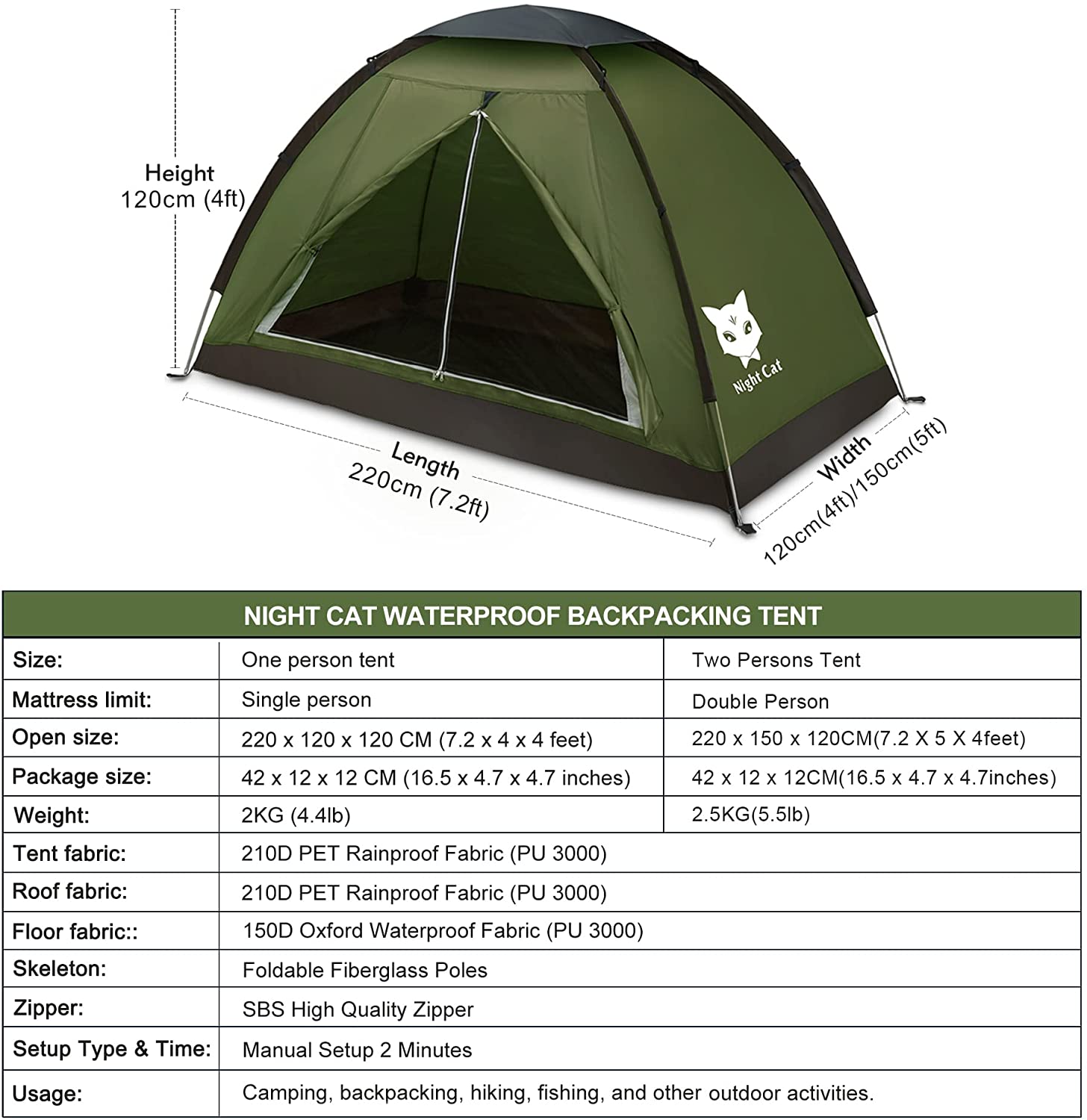 Night Cat Backpacking Lightweight Tent for One 1 2 Persons