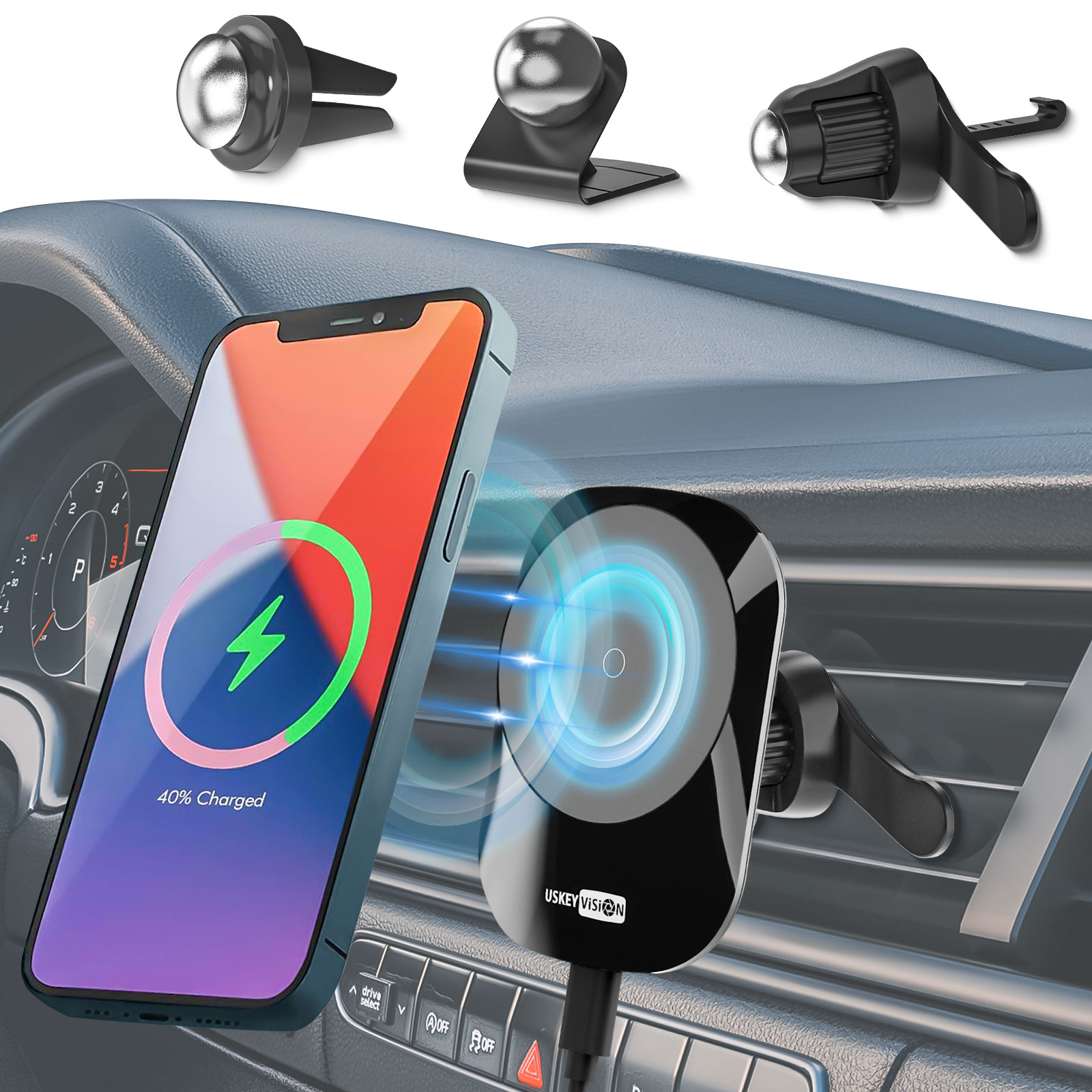 Magnetic Wireless Car Charger,15W Fast Charging Compatible with MagSafe Car Mount Secure Stick On Dashboard and Air Vent Clamp Phone Holder