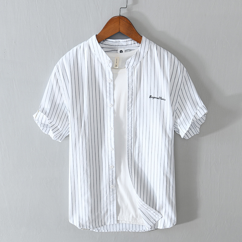 summer vertical stripe contrast short-sleeved shirt