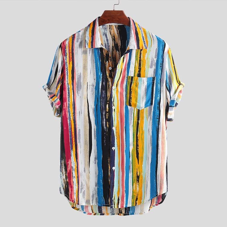 Men's Rainbow Striped Beach Short Sleeve Shirt