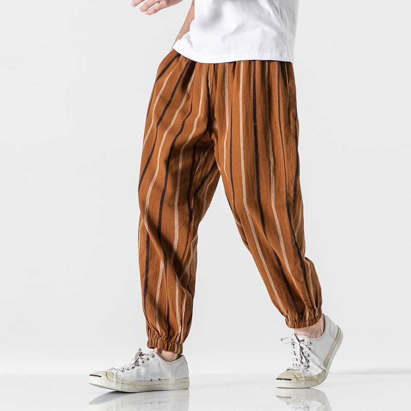 Men's Striped Cotton and Linen Belted Pants
