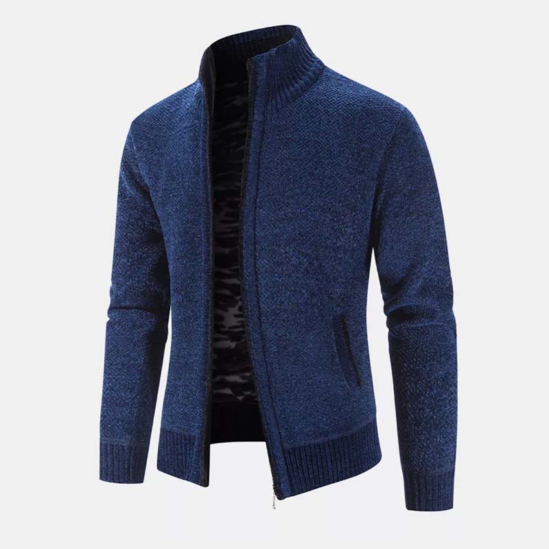 Men's Plain Knit Stand Collar Zipper Warm Sweater Cardigan With Pockets