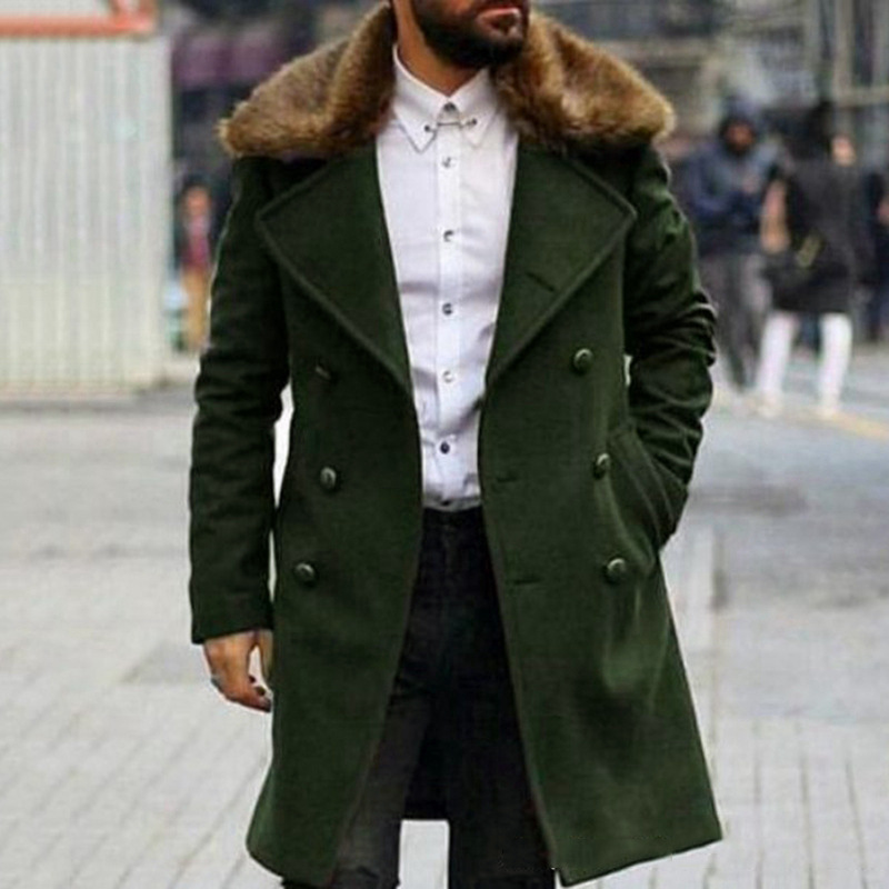 Men's Fur Collar Long Sleeve Double Breasted Wool Coat