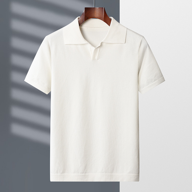 Summer Light Business V-Neck White Lapel Polo Shirt Short Sleeve