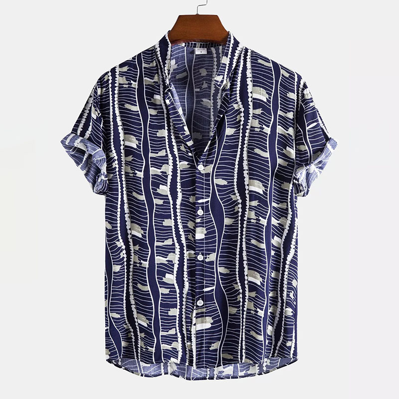Wave Print Stand Collar Shirt
