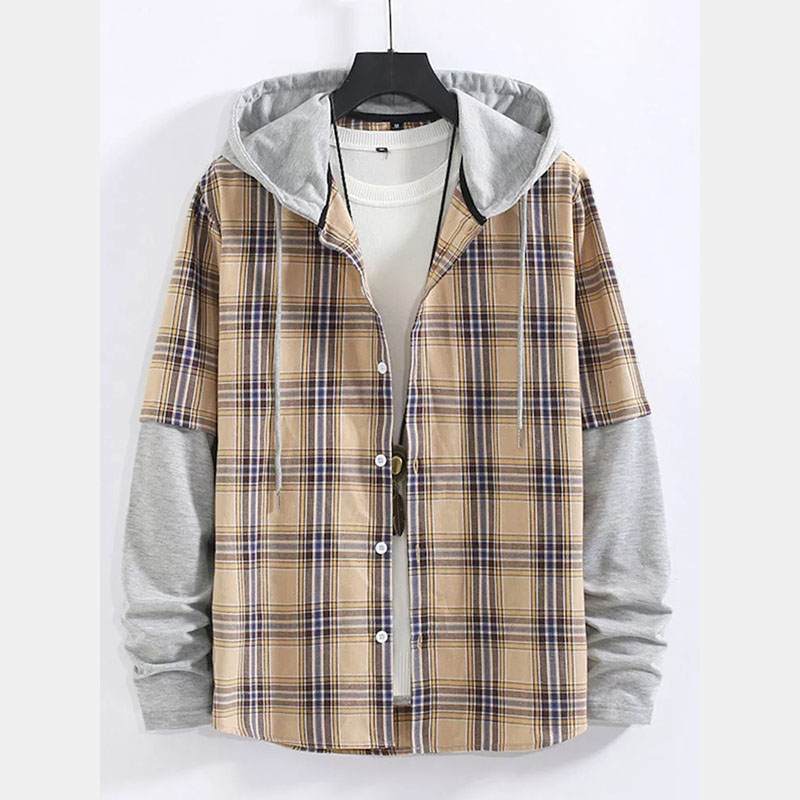 Plaid Contrast Hoodie Button Up Shirt