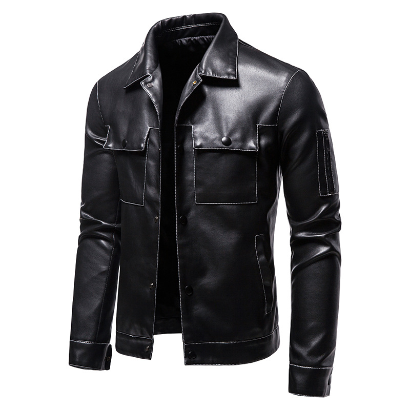 Men's Casual Topstitched Lapel Leather Jacket