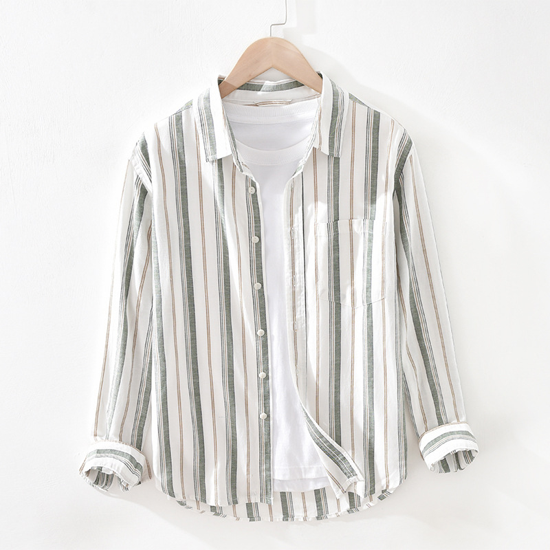 Men's Art Linen Striped Square Neck Shirt