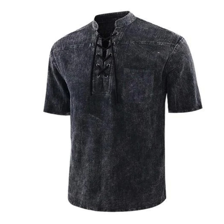 Men's Gothic Retro Lace-up V-neck Linen Pocket Short Sleeve T-Shirt