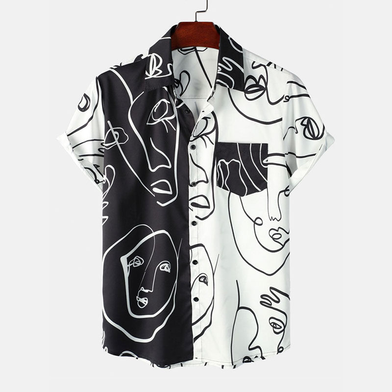 Abstract Face Print Patchwork Shirt