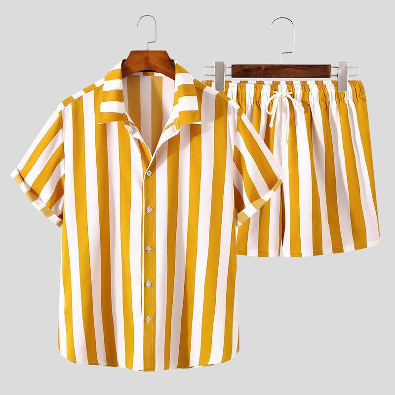 Hawaiian Striped Shirt Shorts Beach Two Piece Set