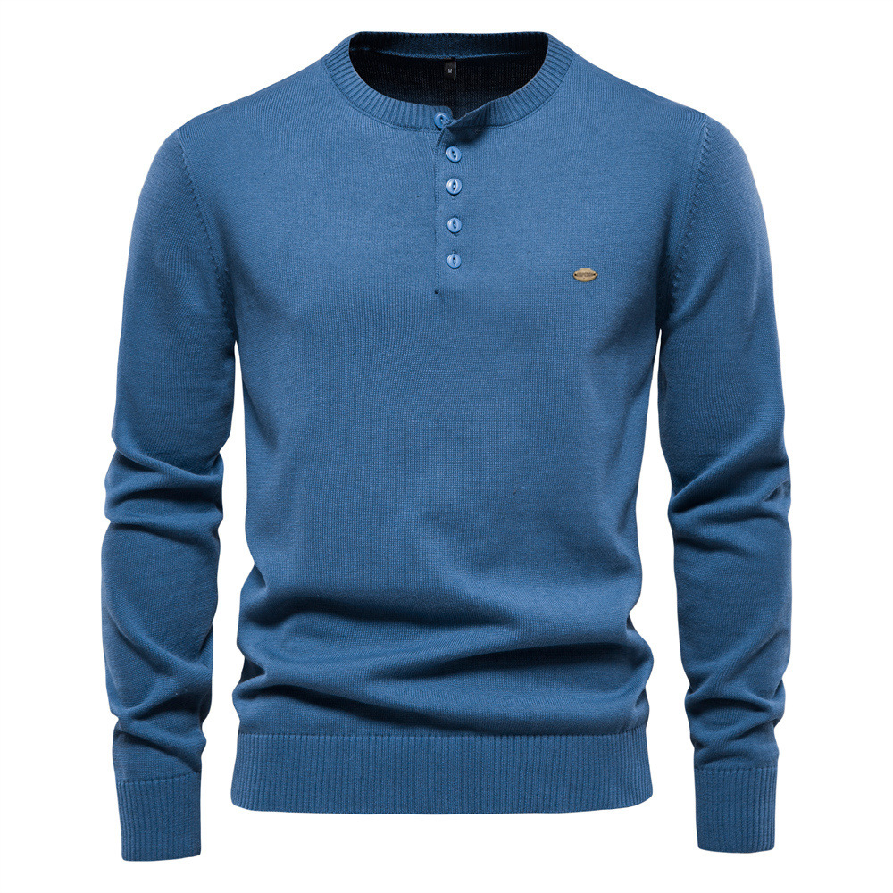 New Cotton Men's Solid Color Henley Collar Pullover Sweater