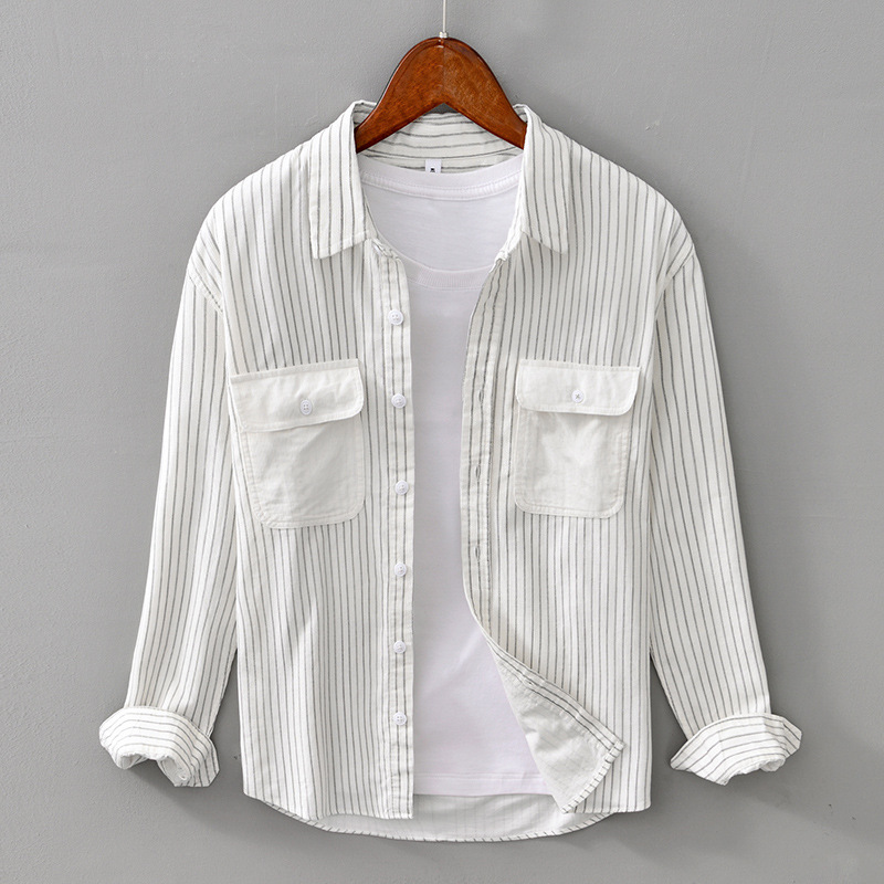 Men's Vintage Patchwork Double Pocket Long Sleeve Striped Shirt