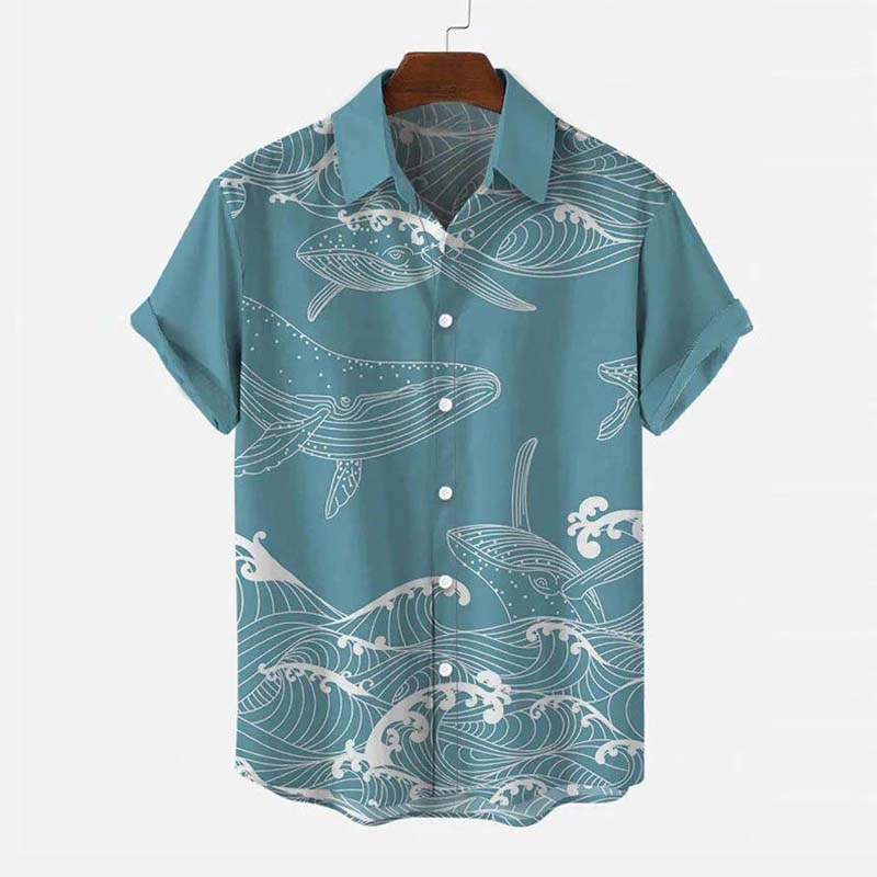 Men's Causual Ocean Creatures Whale Sea Print Short Sleeve Hawaii Shirt