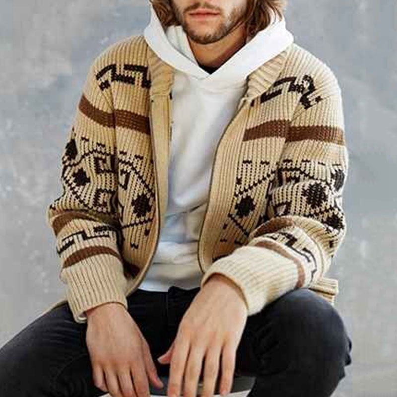 Men's Fashion Lapel Jacquard Knit Outer Sweater