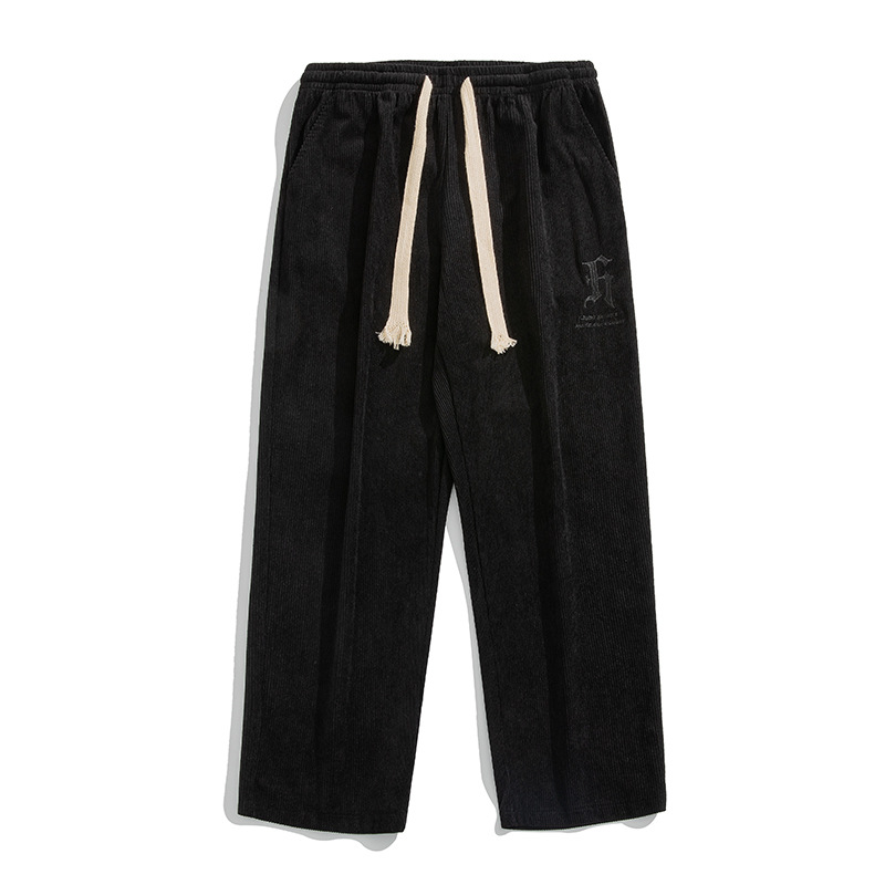 Letter Embroidery Straight Leg Relaxed Fit Corduroy Pants