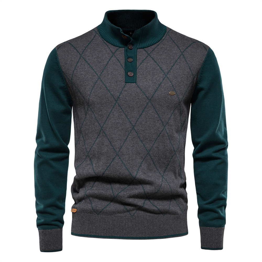 Men's Japanese Stand Collar Pullover Plaid Colorblock Sweater