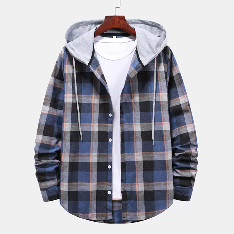 Multi Color Plaid Hooded Shirts with Drawstring