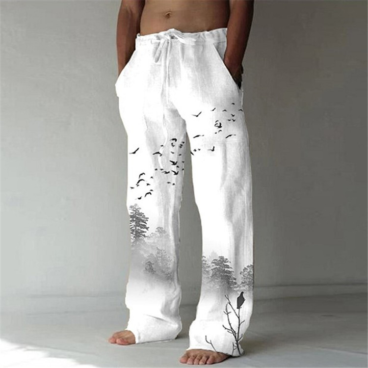 Men's Printed Drawstring Elastic Solid Color Loose Casual Trousers