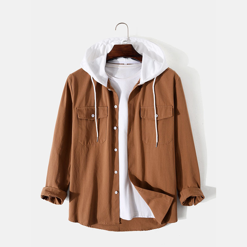 Contrast Hoodie Button Up Shirt With Pocket