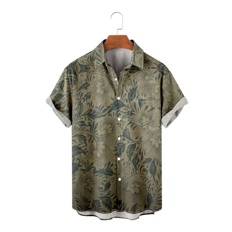 Men's Vintage Pattern Print Loose Short Sleeve Pocket Shirt