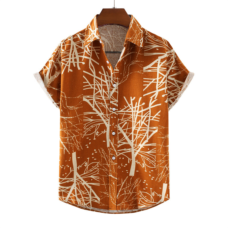 Men's Hawaiian Cotton Linen Print Short Sleeve Shirt