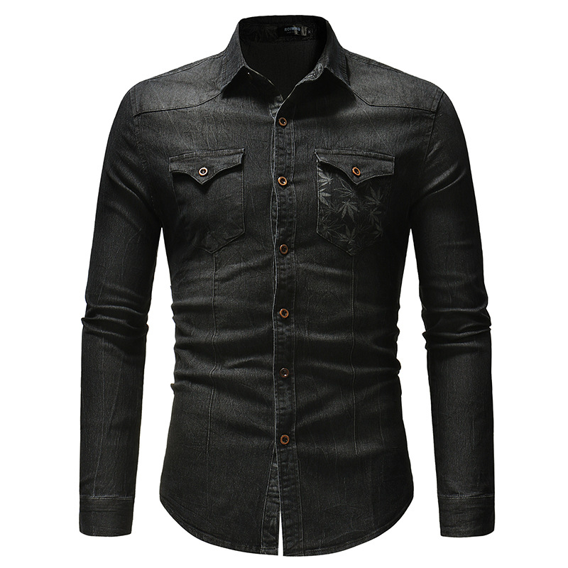 Men's Denim Leaf Print Pocket Decorated Long Sleeve Shirt