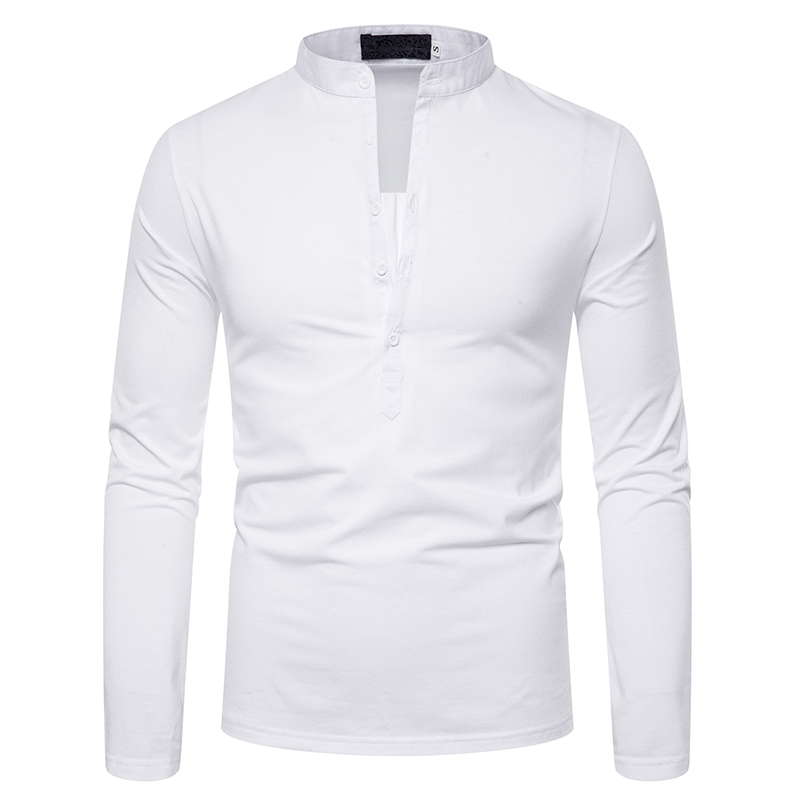 Men's Solid Deep V Stand Collar Long Sleeve Polo Shirt