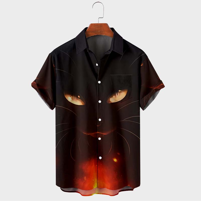 Men's Creative Halloween Black Cat Print Short Sleeve Shirt