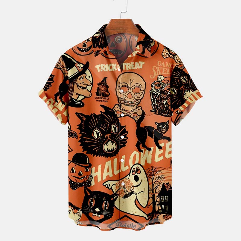 Men's Vintage Halloween Casual Shirts Black Cat Pumpkin Anti-Wrinkle Shirt