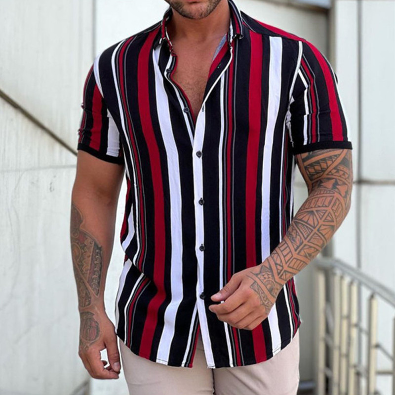 Men's Casual Loose Striped Short Sleeve Shirt