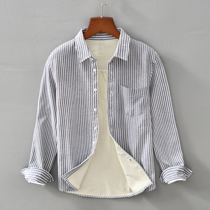Men's Fleece Casual Long Sleeve Striped Shirt