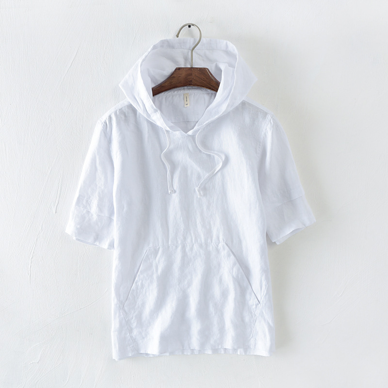 Men's Solid Linen Hooded T-Shirt