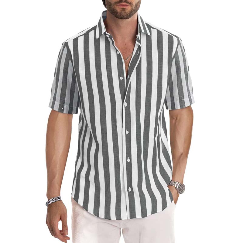 Men's Lapel Striped Cardigan Short Sleeve Shirt
