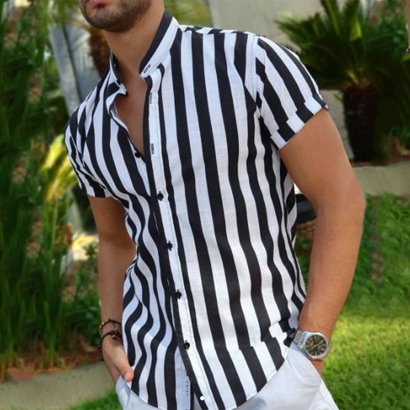 Men's Casual Stand Collar Striped Short Sleeve Shirt