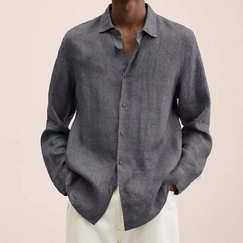Einfarbiges Langarm-Baumwoll-Leinen-Hemd für Herren