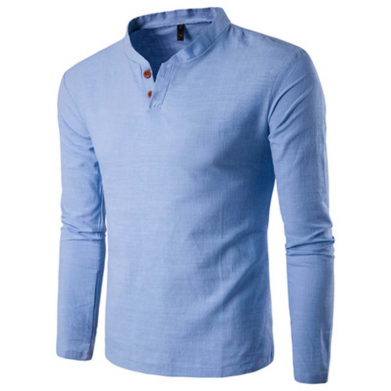 Men's Linen Stand Collar Two Button Cotton Linen Shirt
