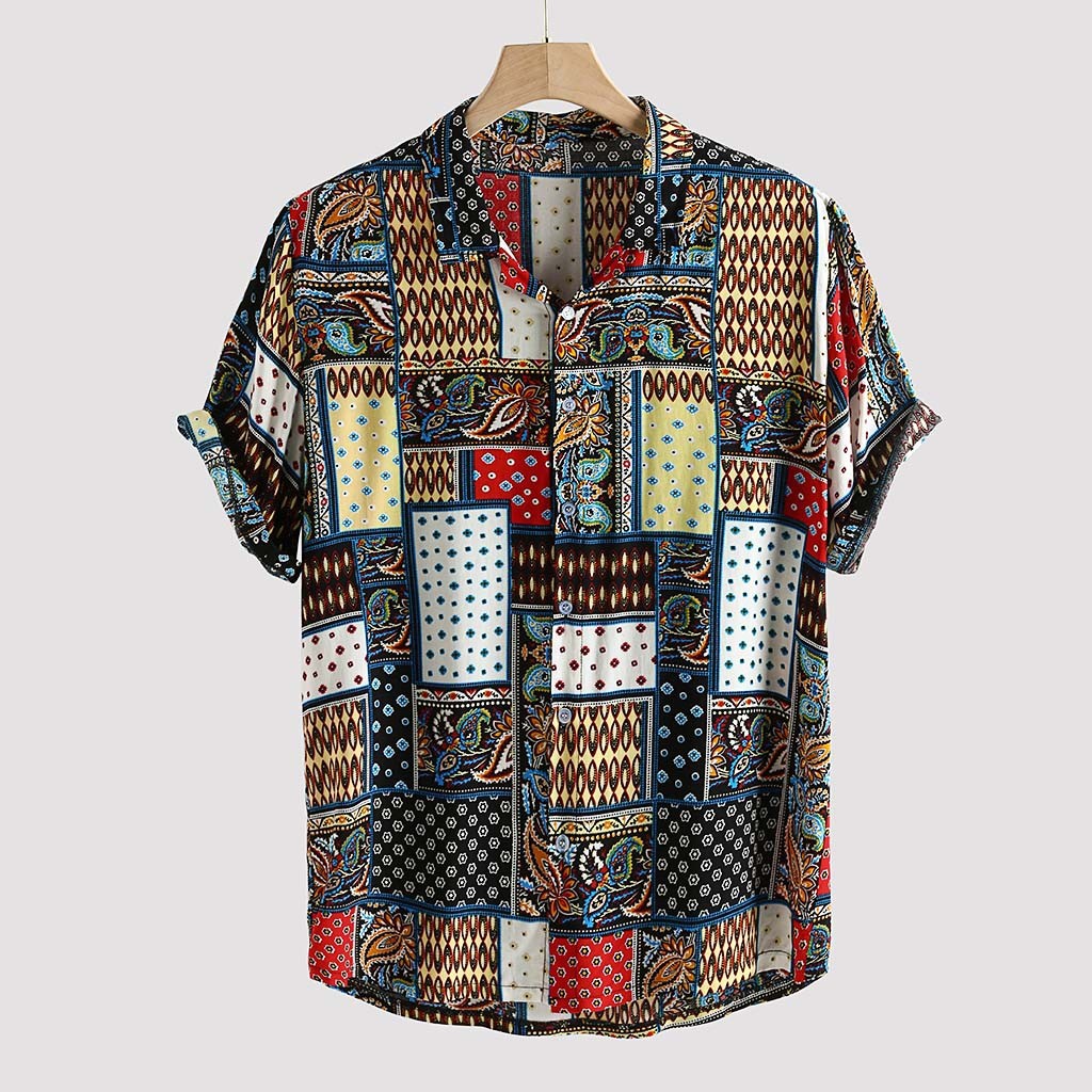 Summer Ethnic Beach Linen Print Short Sleeve Shirt
