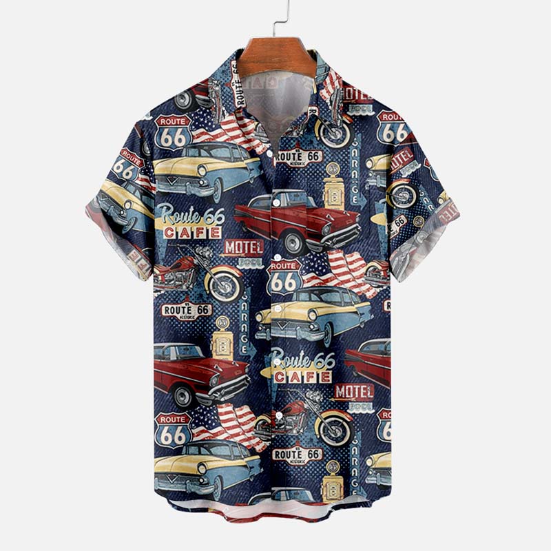 Vintage Car Route 66 Print Mens Authentic Hawaiian Shirt