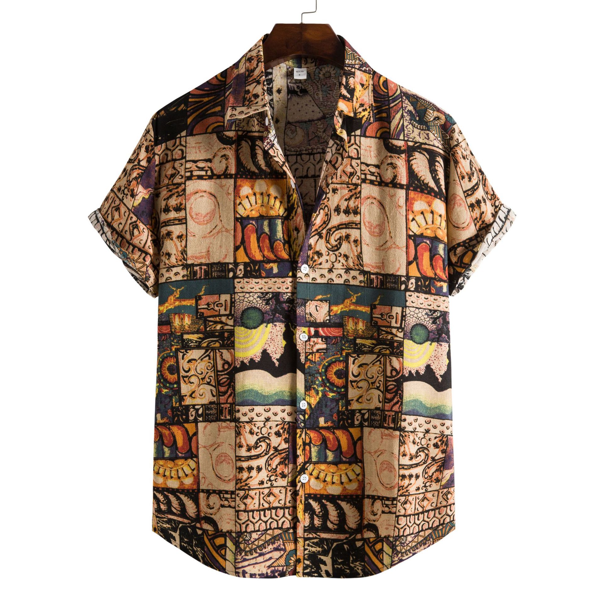 Men's Casual Printed Lapel Short Sleeve Shirt