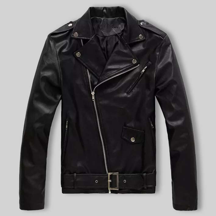 Biker Slim Fashion Diagonal Zip Buckle Leather Jacket