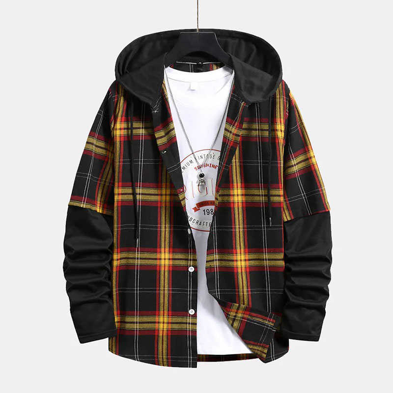 Plaid Drawstring Hooded Shirt